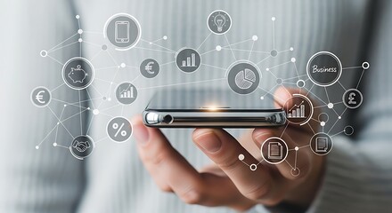 A person holding a smartphone with interconnected data icons overlayed, suggesting digital connectivity and business applications.