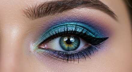 Naklejka premium Close-up of a captivating eye with vibrant, multi-toned eyeshadow in blues and purples, accented by bold eyeliner. The iris is a striking green