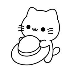 Vector illustration of a cartoon sketch of a cat holding a straw hat, suitable as icon or logo, also use as sticker and colouring book.