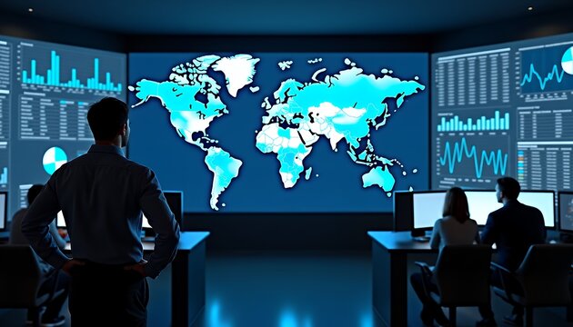 Global data analysis command center with world map image