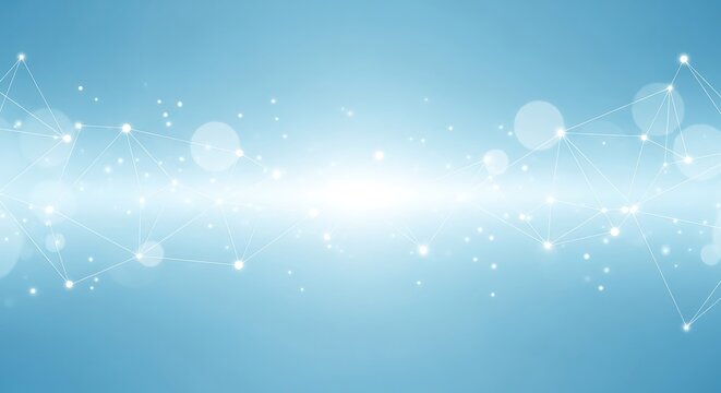 Abstract network connection visualization; glowing nodes and lines form a bright, central band against a pale blue background.