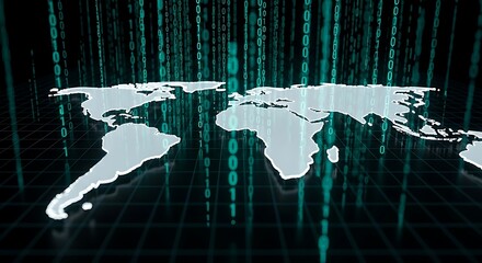 Global digital network, binary code cascading over a world map, illustrating interconnectedness and data flow.