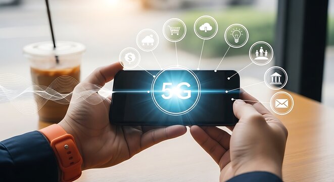 Person holding smartphone displaying 5G network connection, surrounded by digital icons representing online services and data.