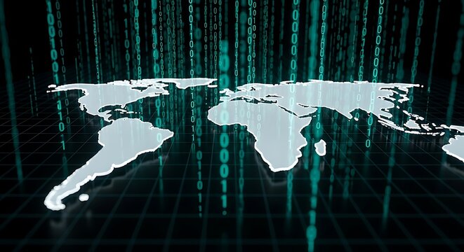 Global digital network, binary code cascading over a world map, illustrating interconnectedness and data flow.