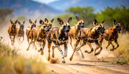 African wild dogs running