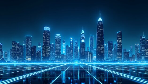 Neon blue city skyline with futuristic grid skyscrapers buildings