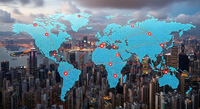 A world map overlaid on a cityscape, representing global connectivity and communication.