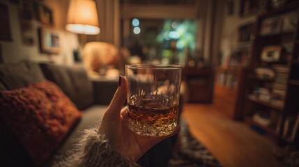 Woman's hand holding a glass of whiskey, enjoying a relaxed moment at home.