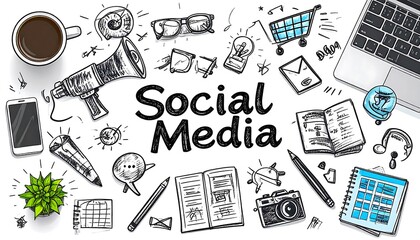 Creative doodle illustration showcasing social media concept with digital and traditional elements