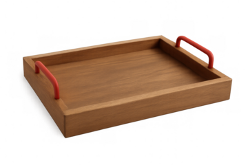 Empty wooden serving tray with red handles on transparent background