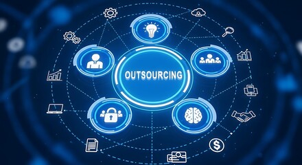 A digital illustration depicting the concept of outsourcing, with icons representing various business functions connected by lines.