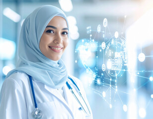 Medical professional in hijab and white lab coat stands beside digital health interface. A modern healthcare scene blending compassion, technology, and advanced data visualization