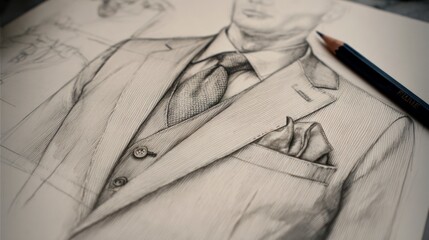 Sketch of a well-tailored suit with pencil, details including tie and pocket square shown