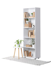 Shelving unit with coffee table, rug and decor on white background