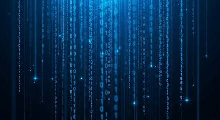 Digital rain of binary code cascading downwards on a blue background.