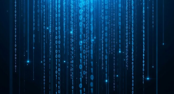 Digital rain of binary code cascading downwards on a blue background.