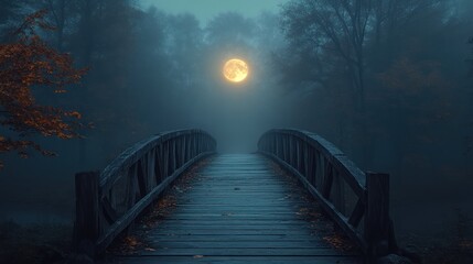 Moonlit Bridge Leading Through a Misty Autumn Forest