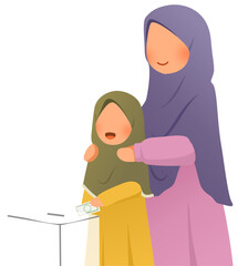 The mother teaches her child to give alms and donations illustration
