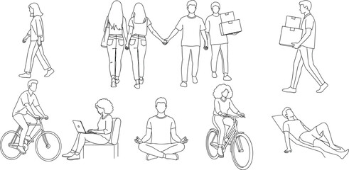 CAD Drawing. Vector illustration of men, women, standing walking talking in front back and side view.