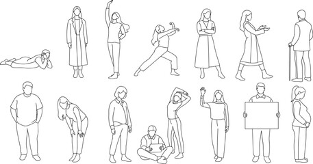 CAD Drawings. Set people outlines isolated on grey background. Sitting, walking, running. Top view. Vector illustration.