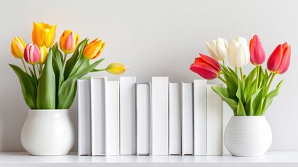 Obraz premium Simple white backdrop with a poetic arrangement of tulips growing through white books