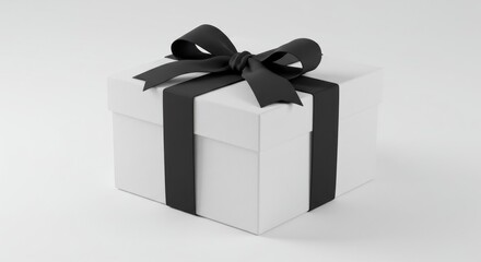 Obraz premium Square white gift box with a black ribbon and bow, sitting on a light gray background
