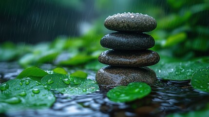 Serene Stacked Stones Under Rain in Lush Green Garden