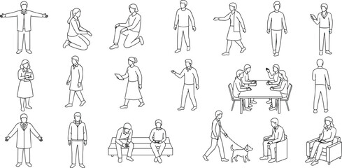 CAD Drawings. Set people outlines isolated on white background.