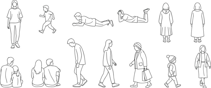 CAD Drawings. Set people outlines isolated on white background. Sitting, walking, dancing, etc. Vector illustration.