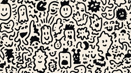 Fototapeta premium Fun and Playful Doodle Art Background Featuring Whimsical Characters, Faces, and Shapes in Black and White for Children's Designs and Creative Projects