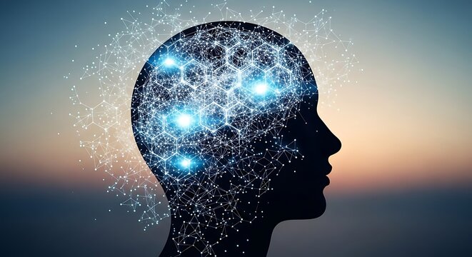 Silhouette of a head, showcasing a network of glowing connections within the brain, against a serene, soft-toned background.