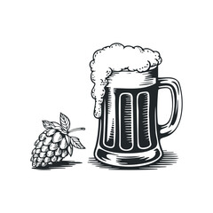 Hand drawn vector illustration of a frothy beer mug and hops
