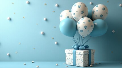 A Gift Wrapped in Blue and White Balloons