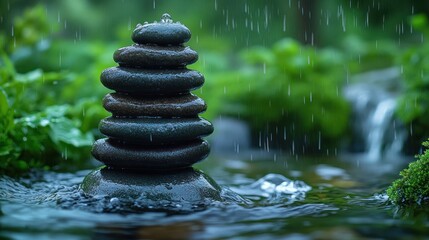 Serene Stacked Stones in a Rain-Soaked Garden