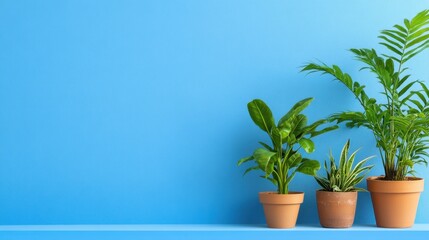 Obraz premium Small potted plants placed symmetrically against a sky-blue wall