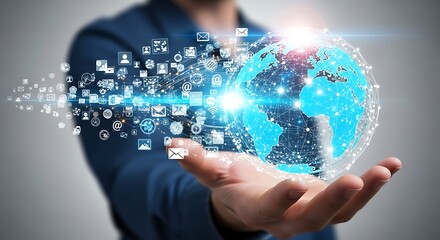 A person holds a digital representation of the Earth, overlaid with numerous technology icons, suggesting global connectivity and digitalization.