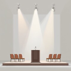 Empty stage with podium, chairs, and spotlights