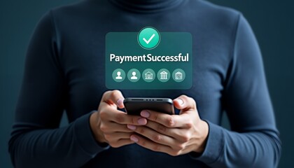 Person holding phone with successful payment notification mobile