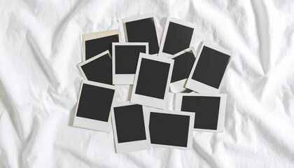 Polaroid photos scattered on white linen background 