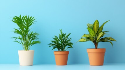 Fototapeta premium Soft natural light hitting three houseplants against a baby blue background