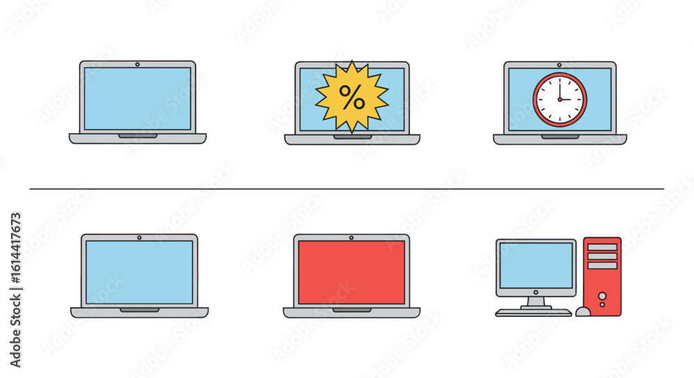Aufkleber illustration of laptops and a desktop computer with different screen displays shown