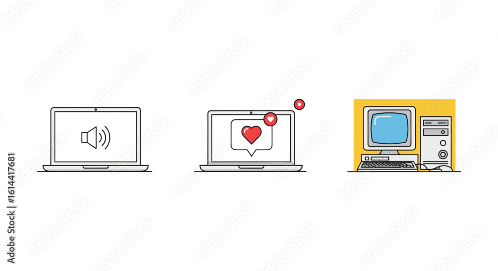 Poster illustration of three computers showing a laptop with sound a laptop with a like and a desktop