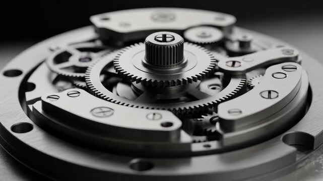 Close-up of intricate silver watch mechanism with gears, engineering, and technology components.
