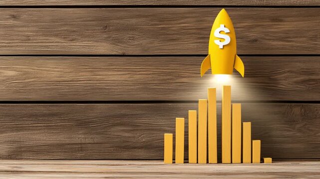 Yellow Rocket Launching Over Growing Bar Graph Representing Financial Growth and Success