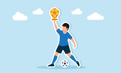 Football player dribbling the ball while holding a ball-shaped trophy illustration of the world best football player award