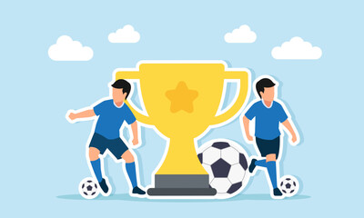 Two football players playing near a trophy and a giant ball illustration of a club winning a championship