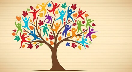 Colorful tree illustration featuring interconnected figures with raised arms and autumn leaves.