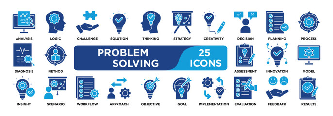 PROBLEM SOLVING icon collection set. Containing analysis,logic,solution,challenge,thinking,strategy,creativity,decision,planning,diagnosis icon. dual tone vector.
