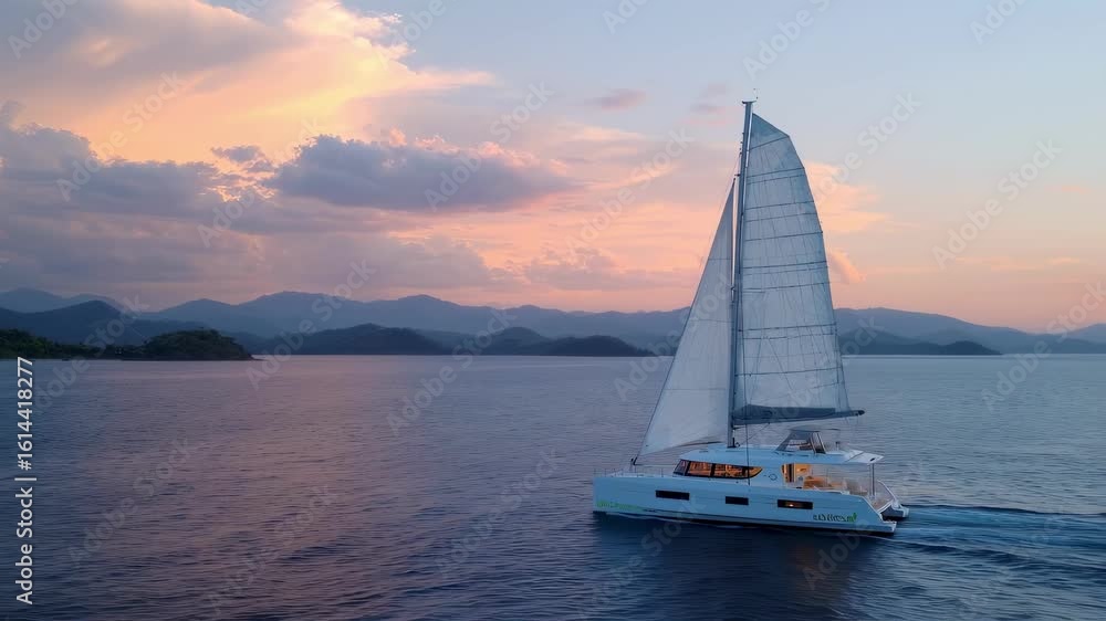 Aufkleber enveloped in the soft glow of twilight a modern catamaran sails smoothly across a serene seascape wh