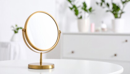 Small round mirror with gold frame on classic vanity table
